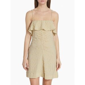 Ganni Seersucker Check Ruched Mini Dress 42 US 10 Beige Gingham Strap NWT Plaid